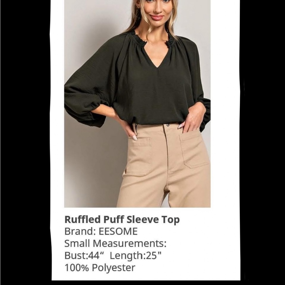EESOME Black Ruffled Puff Sleeve Blouse